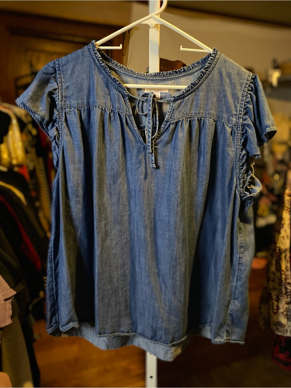 LC Lauren Conrad Denim Tie-Neck Short Sleeve Blouse - Blue